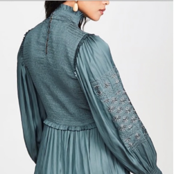 Ulla Johnson Angelica Shirred Smocked Embroidered Satin Mini Dress - Picture 8 of 9